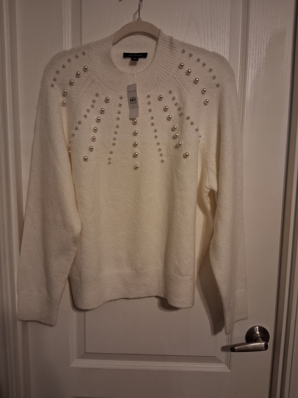 Ann Taylor Cream Pearl-Embellished Crewneck Sweater